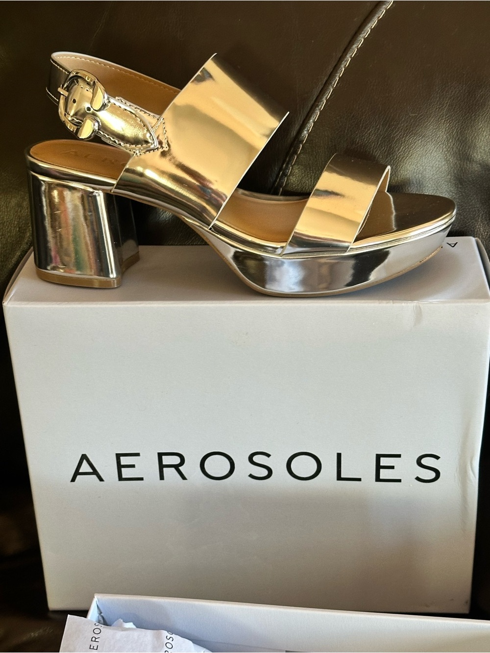 AEROSOLES Silver Camera Metallic Block Heel Sandals